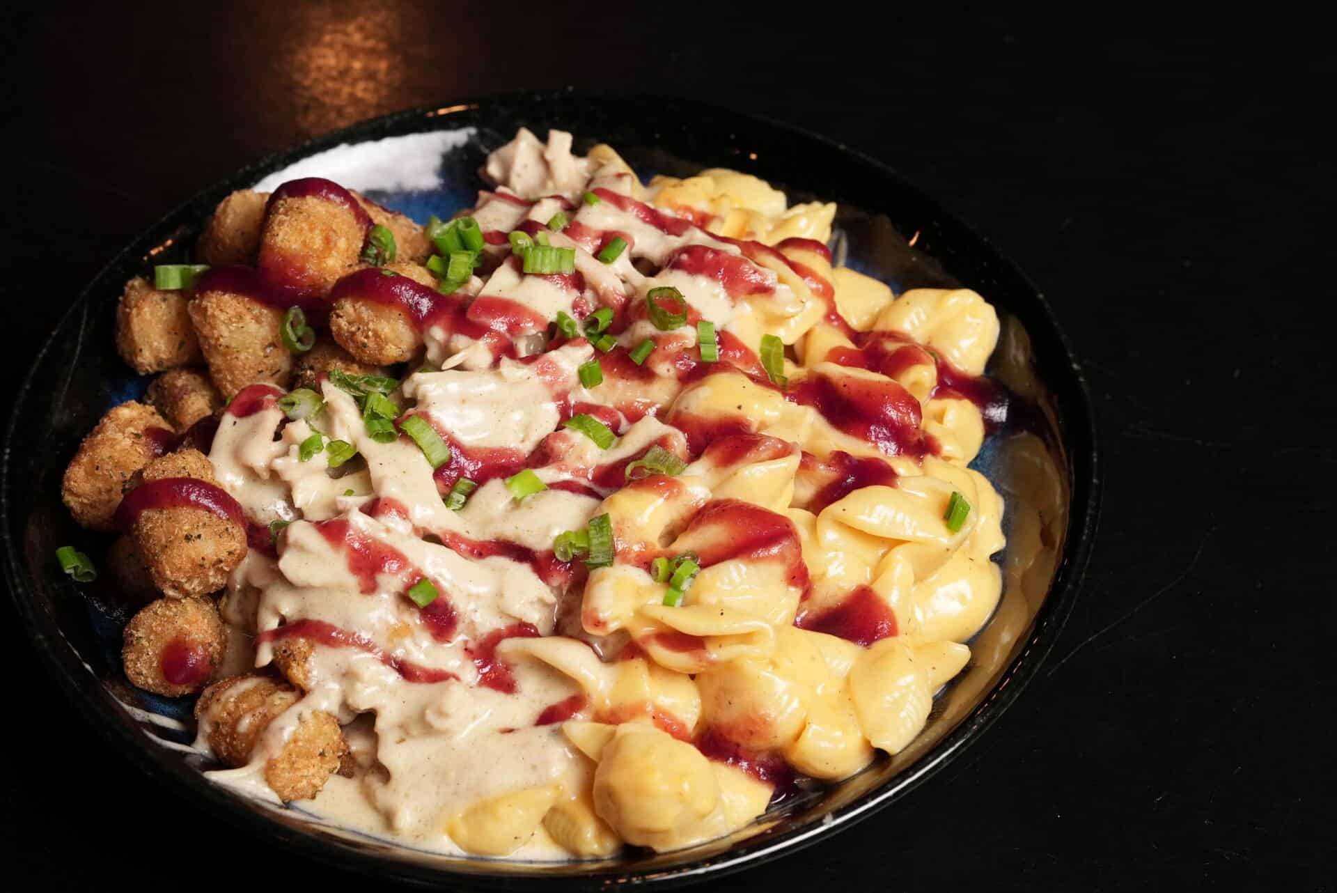 A bowl filled with mac and cheese shells, tater tots, roasted turkey drizzled with turkey gravy, cranberry and green onions.
